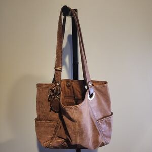 Fossil Tan Leather Hobo Tote with Grommet Accents